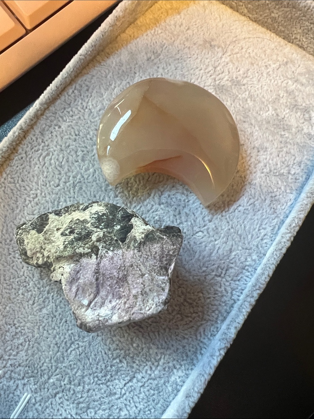 Polished Beige Agate Crescent Decorative Accent and lepidolite specimen